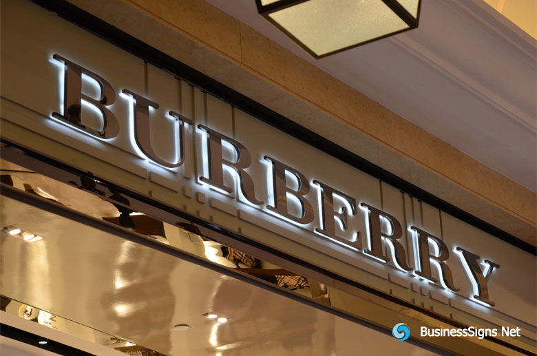 3D LED Backlit Signs With Mirror Polished Stainless Steel Letter Shell & 20mm Thickness Acrylic Back Panel For Burberry