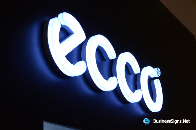 3D LED Front-lit Signs With Brushed Stainless Steel Letter Shell And 20mm Thickness Acrylic Front-panel For ECCO