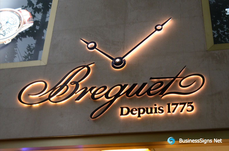 3D LED Backlit Signs With Painted Stainless Steel Letter Shell & 20mm Thickness Acrylic Back Panel For Breguet