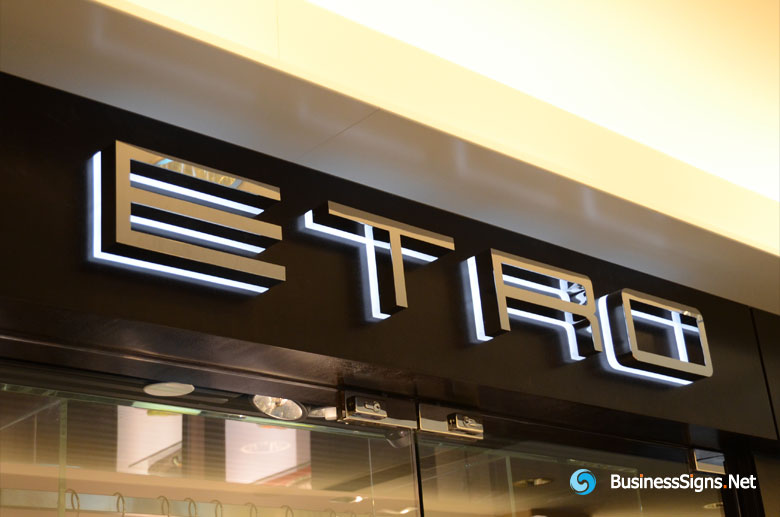 3D LED Backlit Signs With Mirror Polished Stainless Steel Letter Shell & 20mm Thickness Acrylic Back Panel For Etro