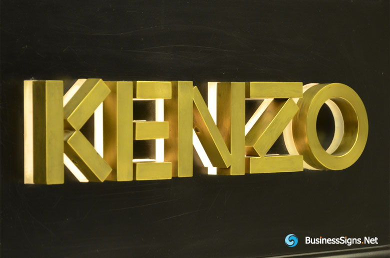 3D LED Backlit Signs With Brushed Brass Letter Shell & 20mm Thickness Acrylic Back Panel For Kenzo