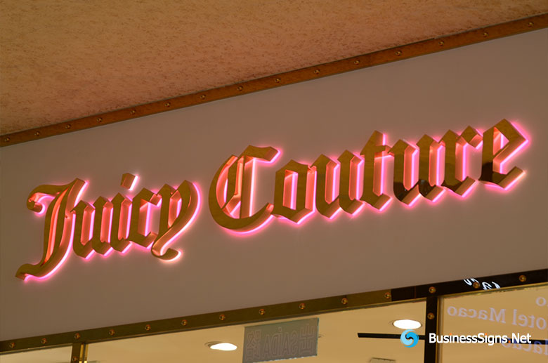 3D LED Backlit Signs With Mirror Polished Gold Plated Letter Shell & 10mm Thickness Acrylic Back Panel For Juicy Couture