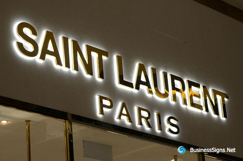 3D LED Backlit Signs With Mirror Polished Gold Plated Letter Shell & 20mm Thickness Acrylic Back Panel For Yves Saint Laurent (YSL)