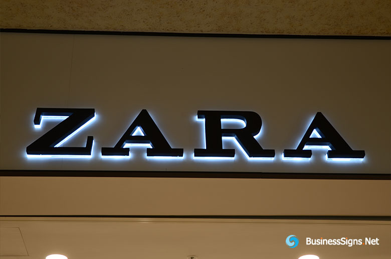 3D LED Backlit Signs With Painted Stainless Steel Letter Shell & 10mm Thickness Acrylic Back Pane For ZARA
