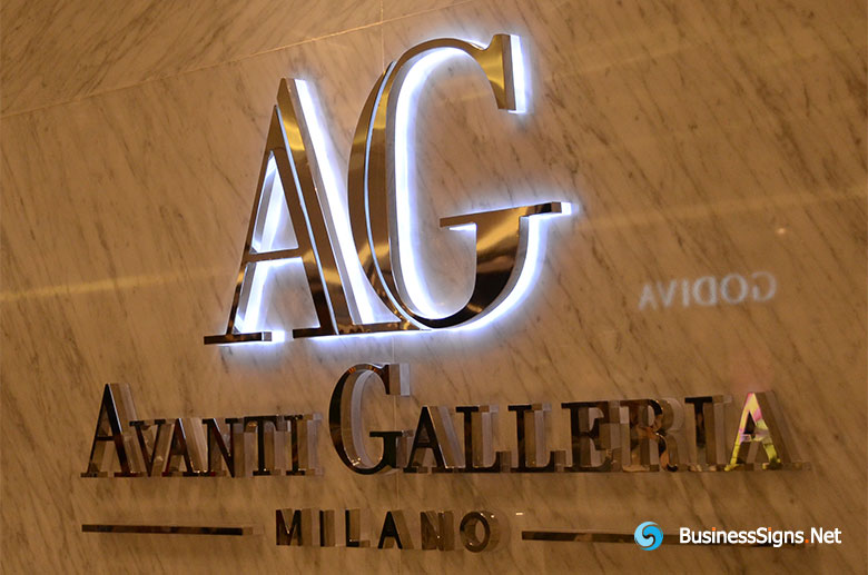 3D LED Backlit Signs With Mirror Polished Letter Shell & 20mm Thickness Acrylic Back Panel For Avanti Galleria