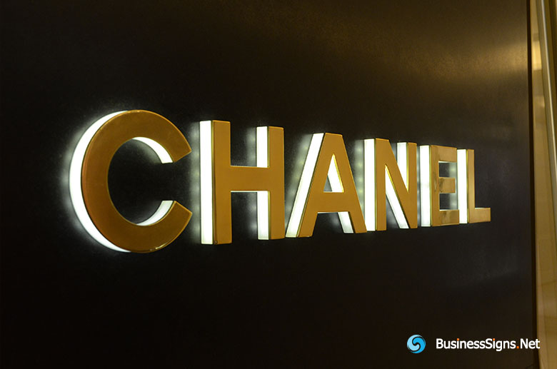3D LED Side-lit Signs With Mirror Polished Gold Plated Front-panel For Chanel