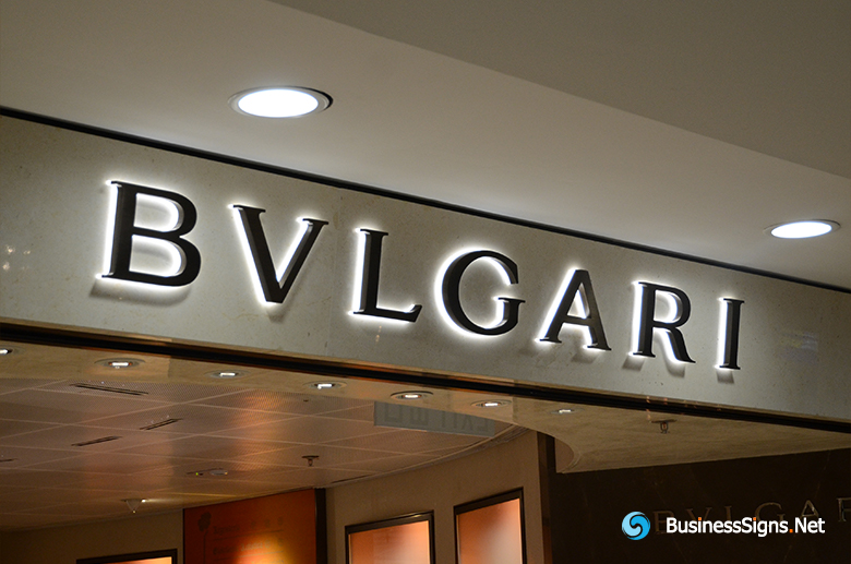 3D LED Back-lit Signs With Plated Antique Copper Letter Shell And Visible Thickness Acrylic Back Panel For Bulgari