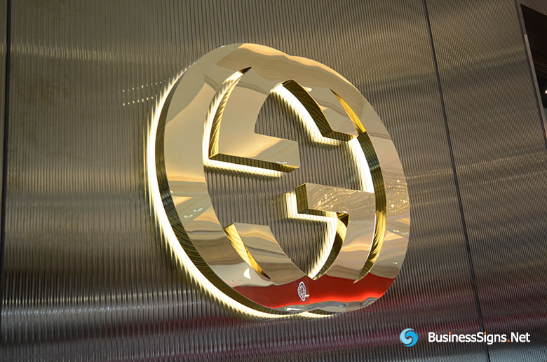 3D LED Backlit Signs With Mirror Polished Gold Plated Letter Shell For Gucci