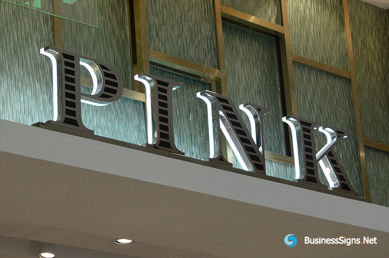 3D LED Backlit Signs With Mirror Polished Stainless Steel Letter Shell And Visible Thickness Acrylic Back Panel For Pink