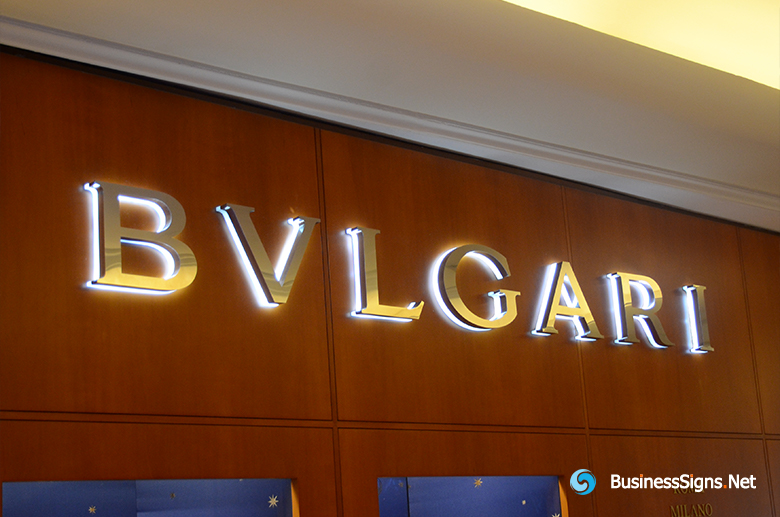 3D LED Backlit Signs With Mirror Polished Stainless Steel Letter Shell And Visible Thickness Acrylic Back Panel For Bulgari