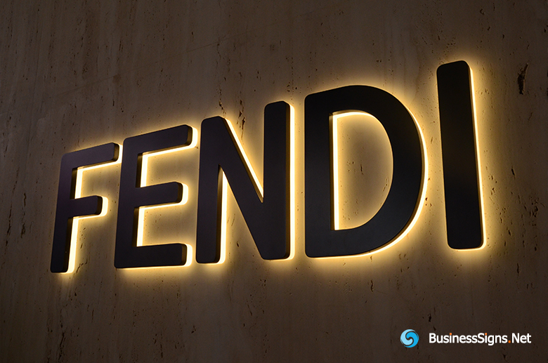 3D LED Backlit Signs With Powder Coated Stainless Steel Letter Shell And Visible Thickness Acrylic Back Panel For Fendi
