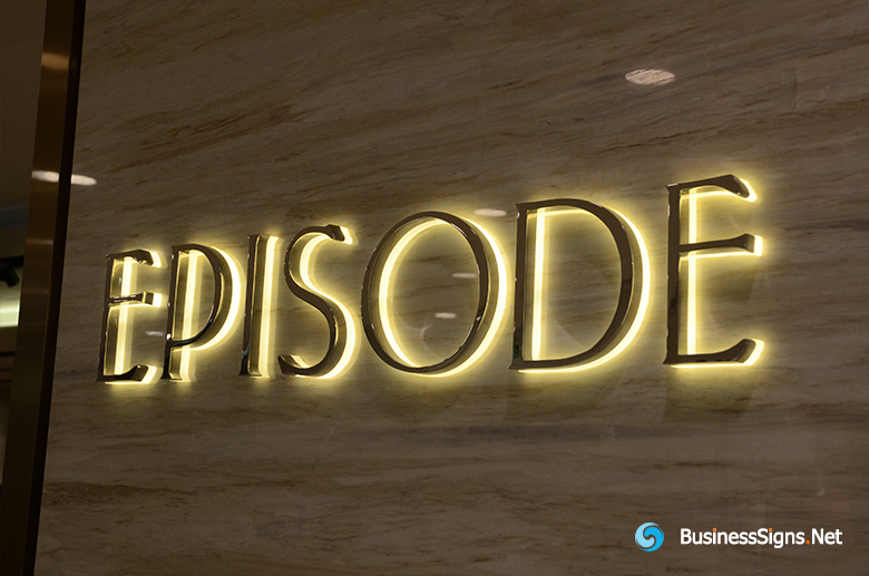 3D LED Backlit Signs With Mirror Polished Gold Plated Letter Shell And Visible Acrylic Back Panel For EPISODE