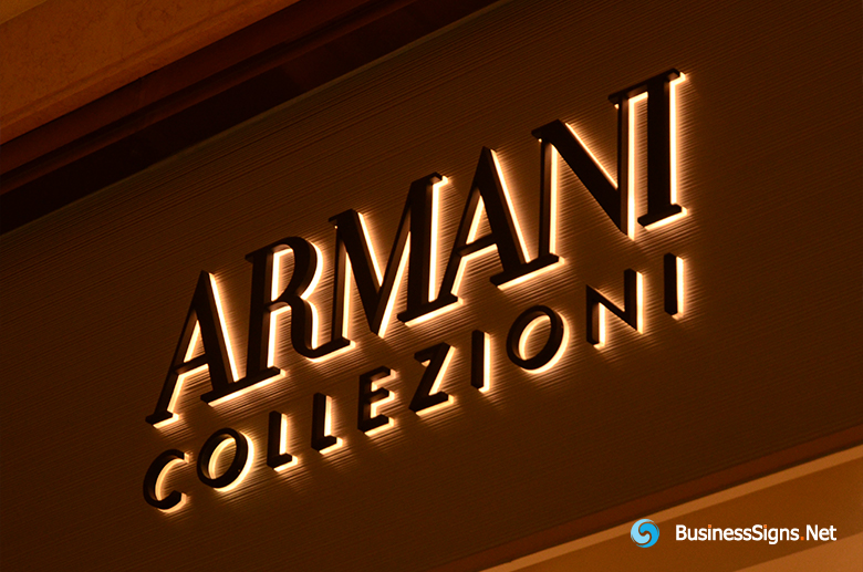3D LED Backlit Signs With Powder Coated Stainless Steel Letter Shell And Visible Thickness Acrylic Back Panel For Armani Collezioni
