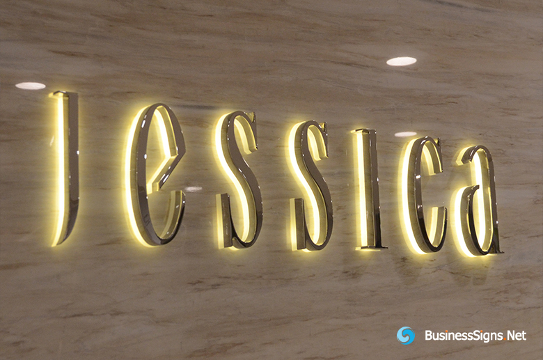 3D LED Backlit Signs With Mirror Polished Gold Plated Letter Shell And Visible Acrylic Back Panel For Jessica