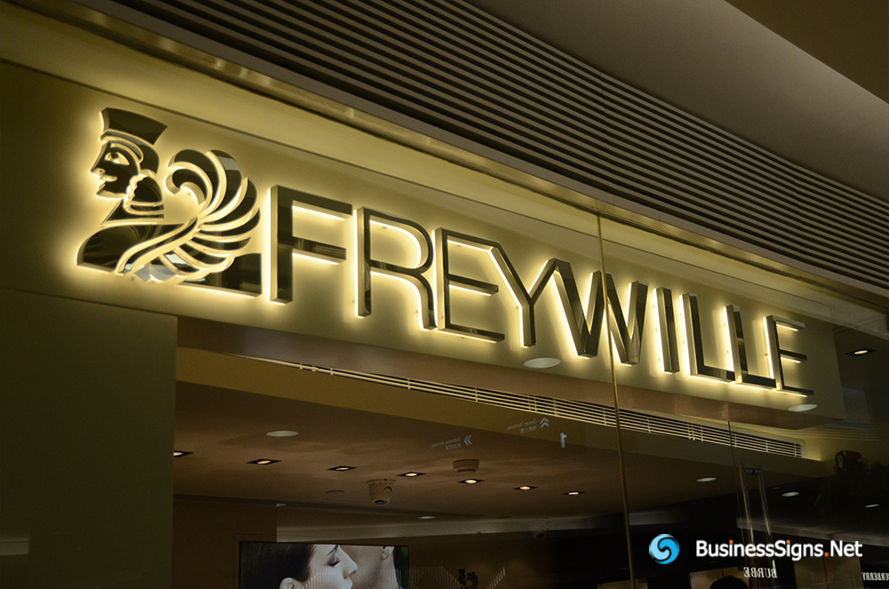 3D LED Backlit Signs With Mirror Polished Stainless Steel Letter Shell And Visible Thickness Acrylic Back Panel For Frey Wille