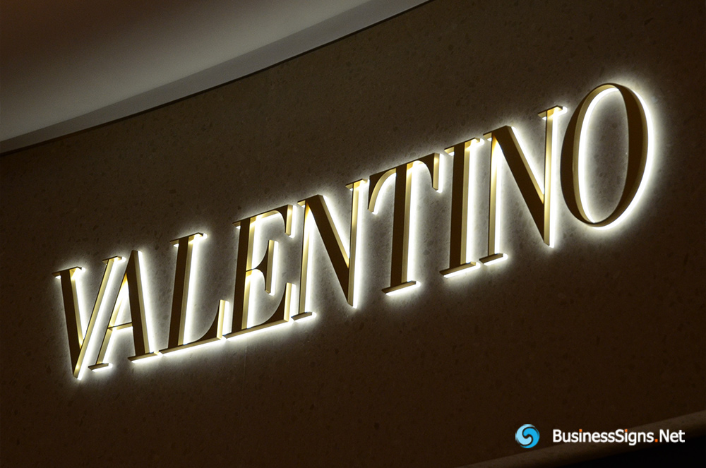 3D LED Back-lit Signs With Gold Plated Brushed Stainless Steel Letter Shell And Visible Thickness Acrylic Back Panel For Valentino