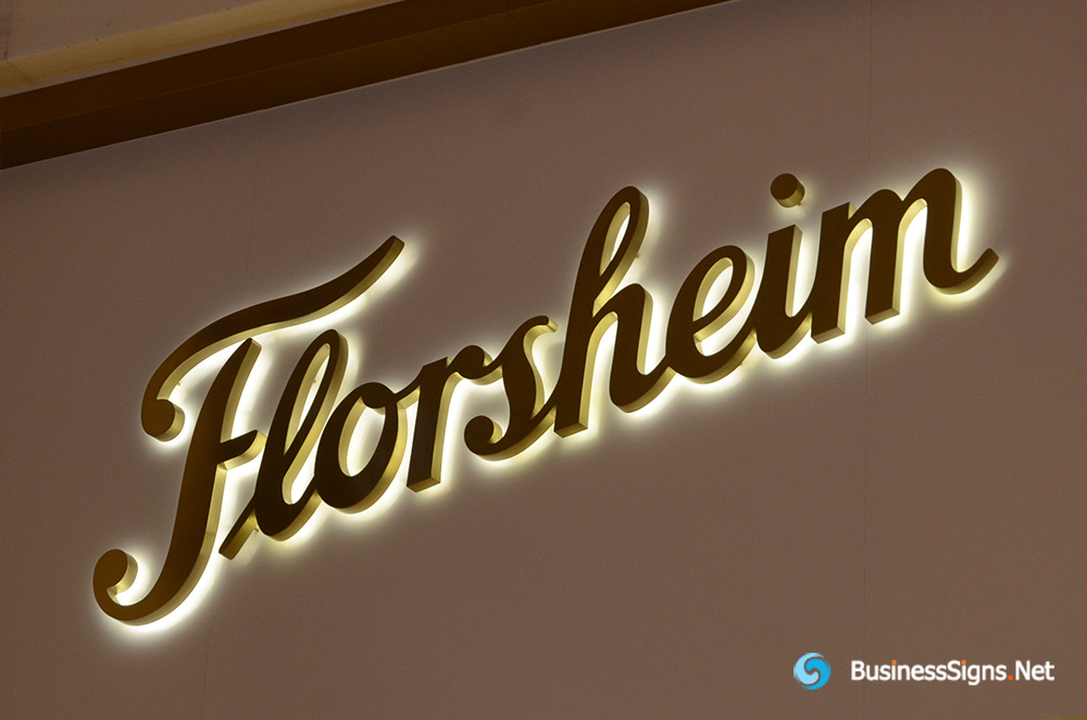 3D LED Backlit Signs With Gold Plated Brushed Stainless Steel Letter Shell For Florsheim