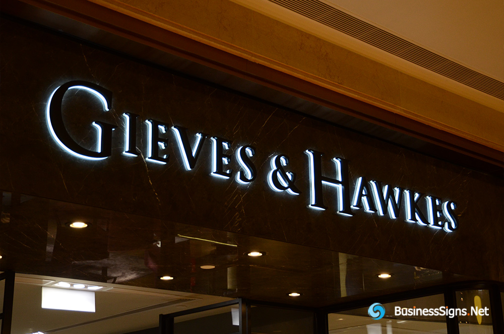3D LED Backlit Signs With Powder Coated Stainless Steel Letter Shell And Visible Acrylic Back Panel For Gieves & Hawkes