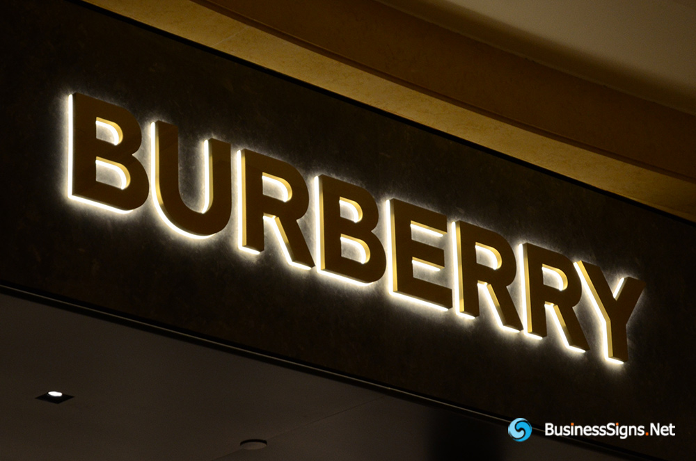 3D LED Back-lit Signs With Gold Plated Brushed Stainless Steel Letter Shell And Visible Thickness Acrylic Back Panel For Burberry