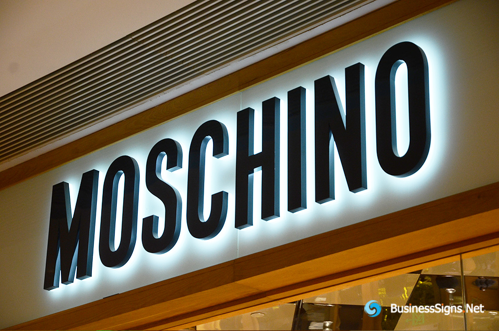 3D LED Backlit Signs With Powder Coated Stainless Steel Letter Shell And Visible Acrylic Back Panel For Moschino