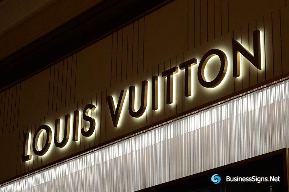 3D LED Backlit Signs With Brushed Gold Plated Letter Shell And Visible Thickness Acrylic Back Panel For Louis Vuitton
