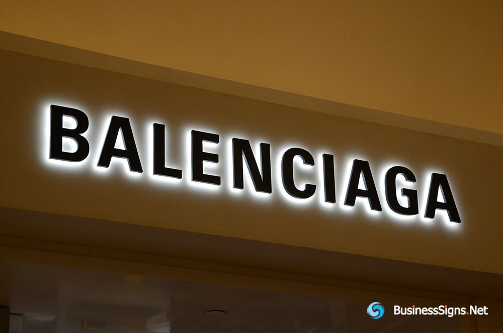 3D LED Backlit Signs With Powder Coated Stainless Steel Letter Shell And Visible Acrylic Back Panel For Balenciaga